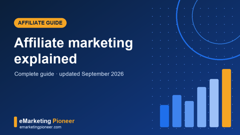 Affiliate marketing guide cover showing tracked link, commission payout and partner network icons