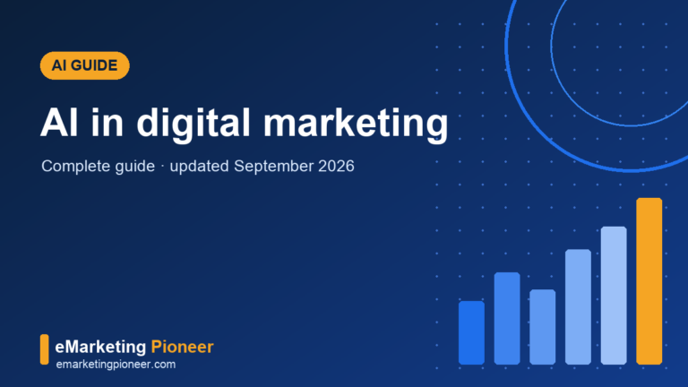 AI in digital marketing guide cover with neural network motif over navy blue background