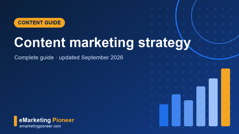 Content marketing strategy cover graphic with editorial workflow and rising engagement chart on navy background