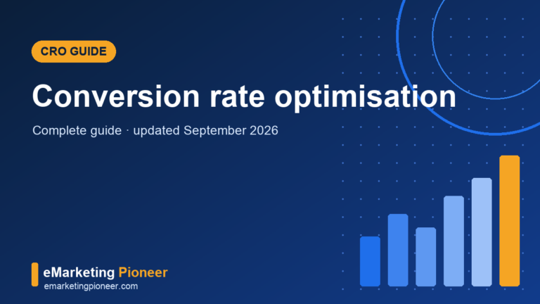 Conversion rate optimisation guide cover showing a landing page funnel and A/B test chart