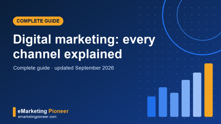 Digital marketing channels illustration with rising bar chart on navy background, eMarketing Pioneer