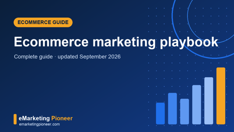 Ecommerce marketing guide cover with shopping cart, product feed and AI agent icons