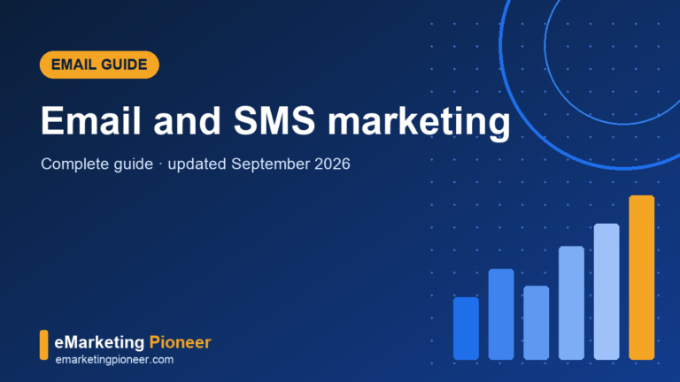 Email and SMS marketing guide cover with inbox and message icons on navy background