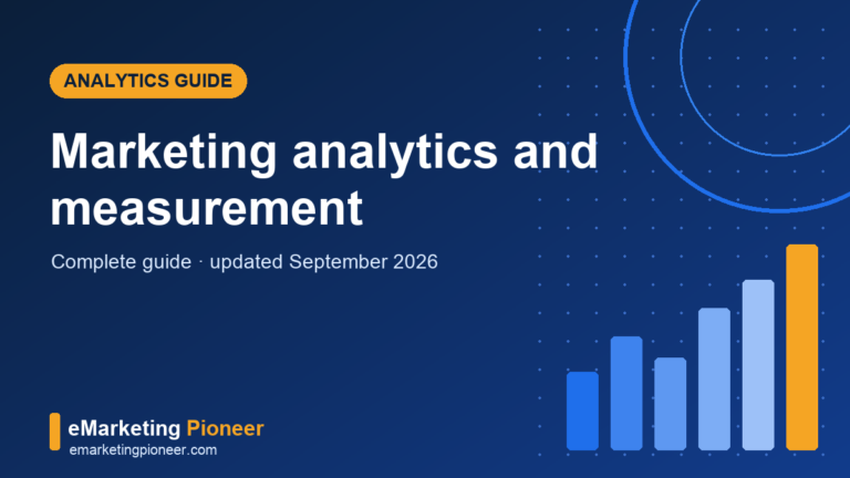 Marketing analytics dashboard graphic with layered measurement charts on dark blue, eMarketing Pioneer