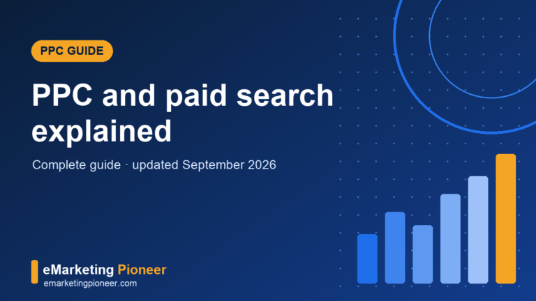 Paid search advertising guide cover with auction and bidding chart motif, eMarketing Pioneer