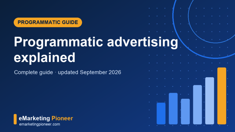 Programmatic advertising guide cover showing real-time bidding auction flow between publishers and demand-side platforms